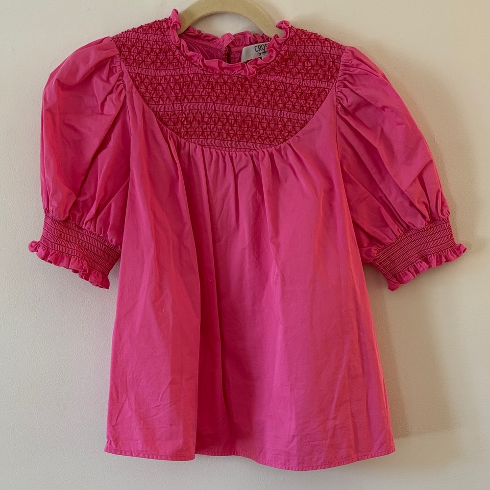 Crosby by Mollie Burch Hot Pink Smocked Puff Sleeve‎ Blouse Women's size XS